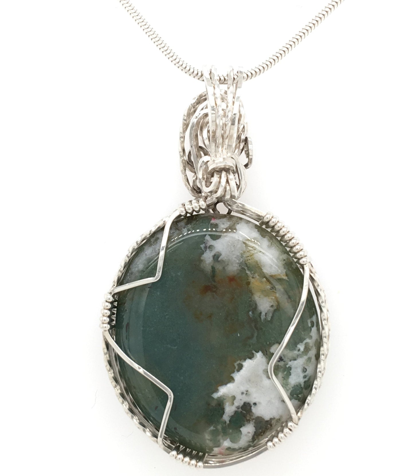 Moss Agate and Argentium Silver Pendant ("Continental Drift") - Barb Murrin Jewelry