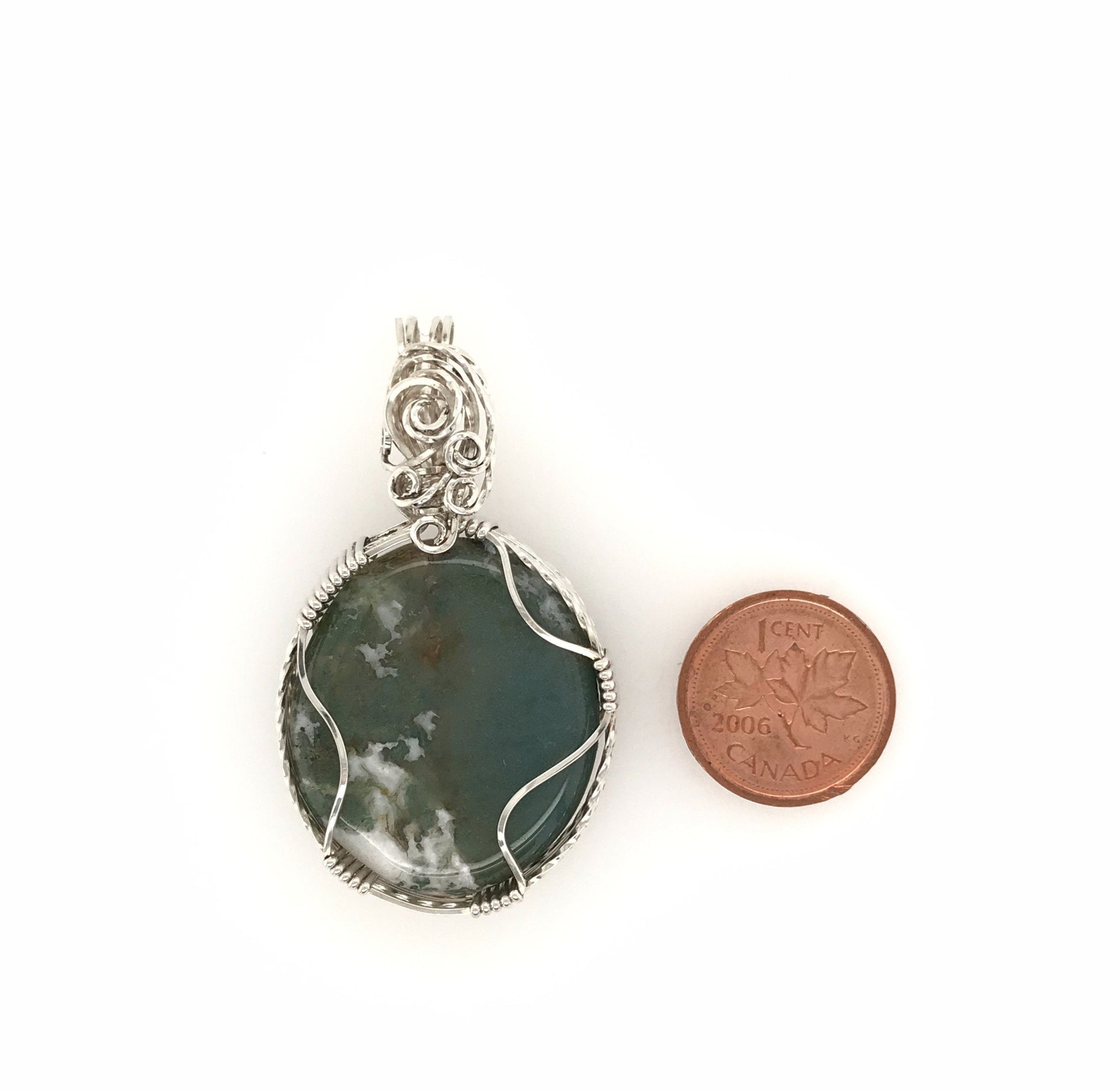 Moss Agate and Argentium Silver Pendant ("Continental Drift") - Barb Murrin Jewelry