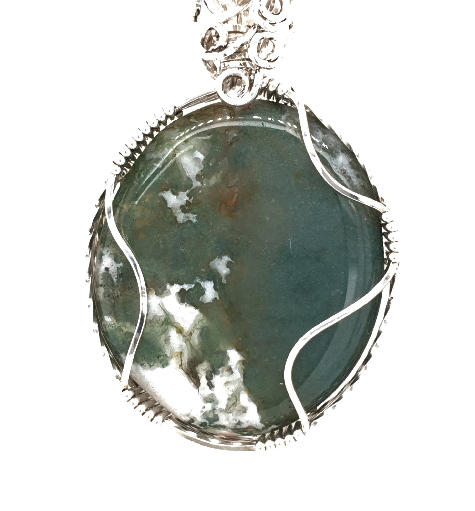 Moss Agate and Argentium Silver Pendant ("Continental Drift") - Barb Murrin Jewelry