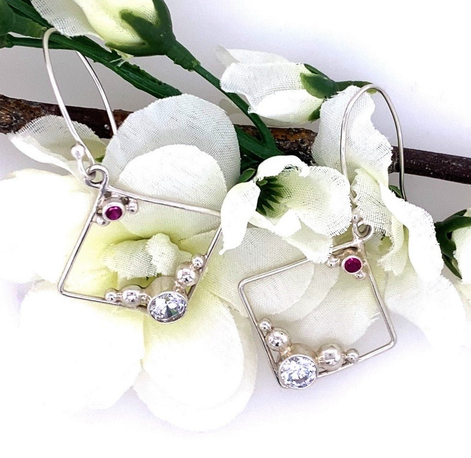 Ruby and Cubic Zirconia Square Hoops - Barb Murrin Jewelry