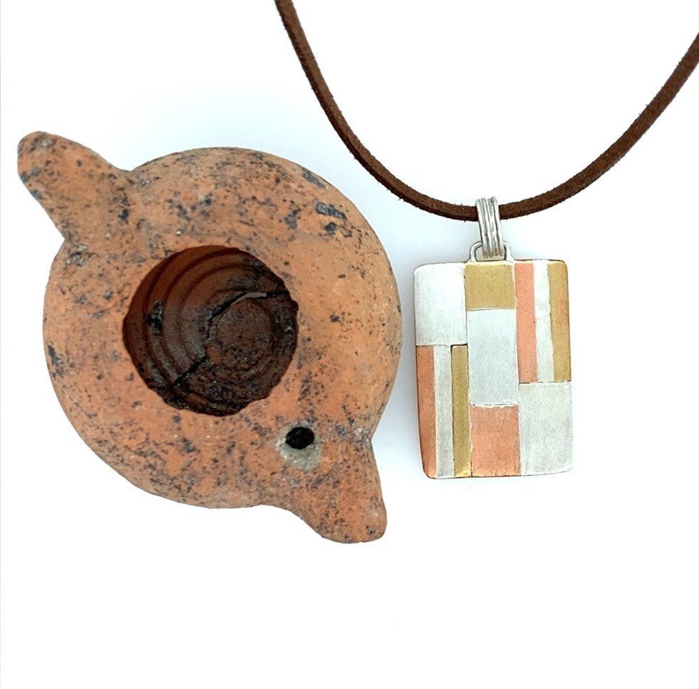 Tri-metal Ribbon Pendant (Argentium Silver, Copper, Brass) - Staged - Barb Murrin Jewelry