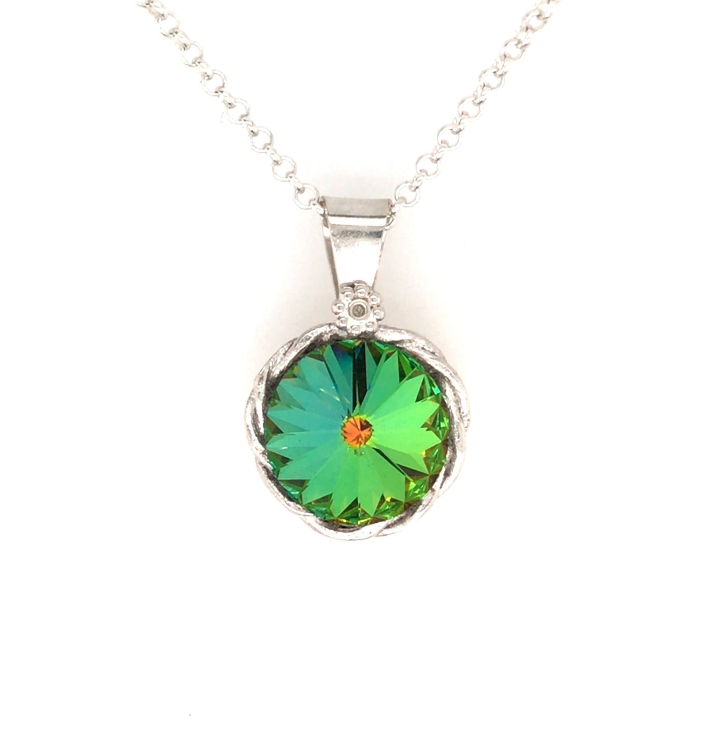 Swarovski Crystal and Argentium Silver Pendant ("Peacock in a Nest Pendant") - Barb Murrin Jewelry