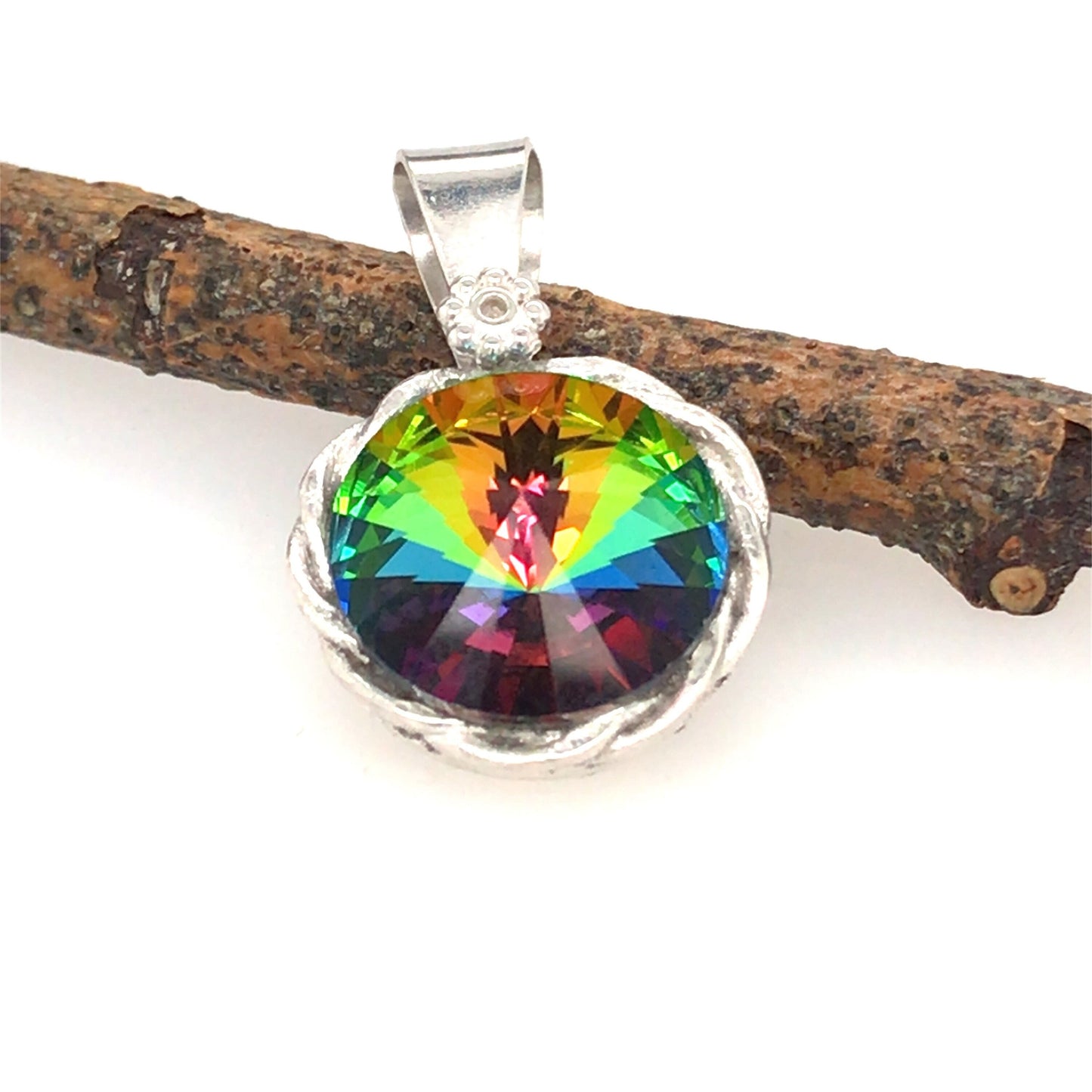 Swarovski Crystal and Argentium Silver Pendant ("Peacock in a Nest Pendant") - Barb Murrin Jewelry