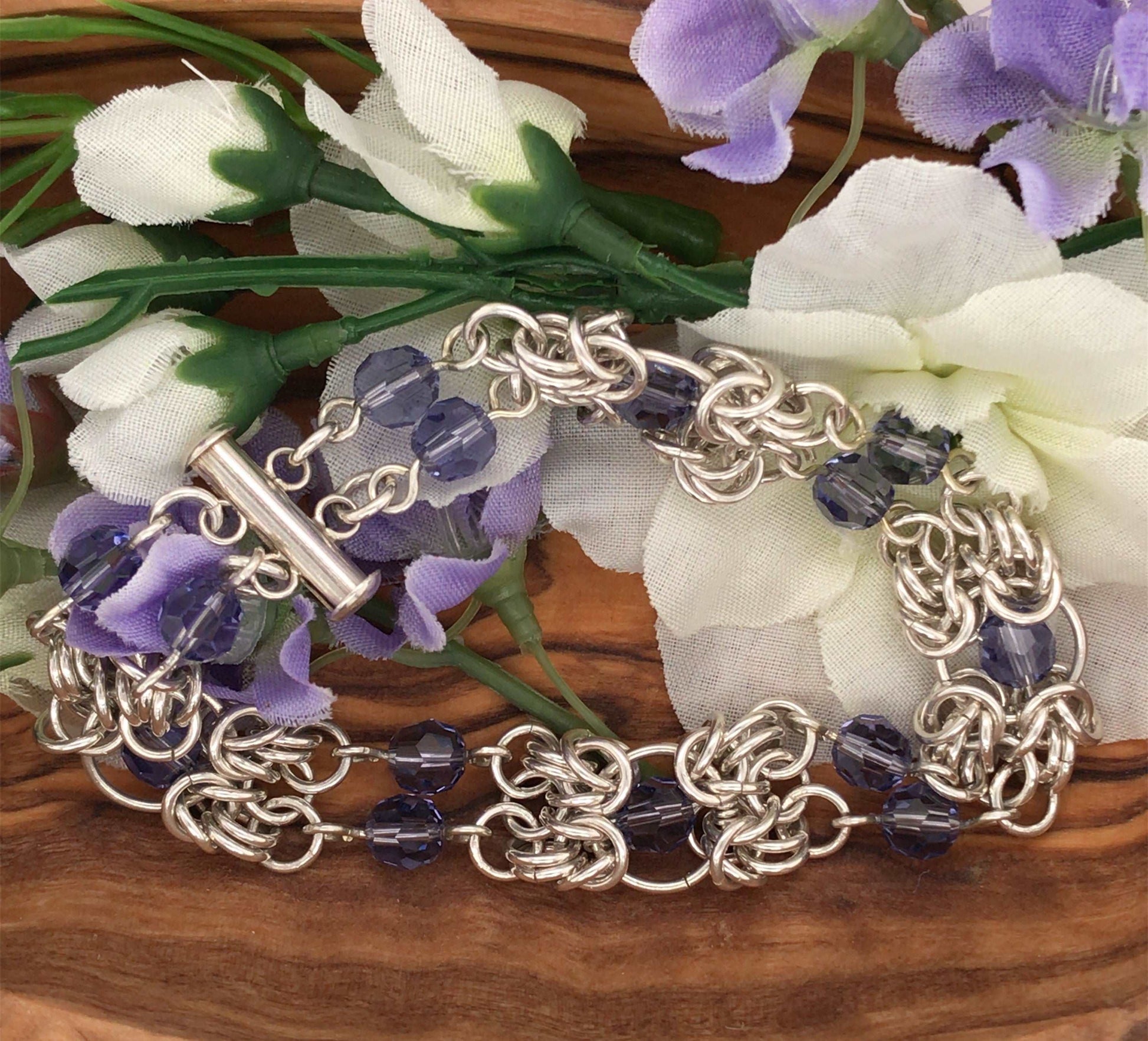 Tanzanite and Argentium Silver Byzantine Chain Maille Bracelet - Barb Murrin Jewelry