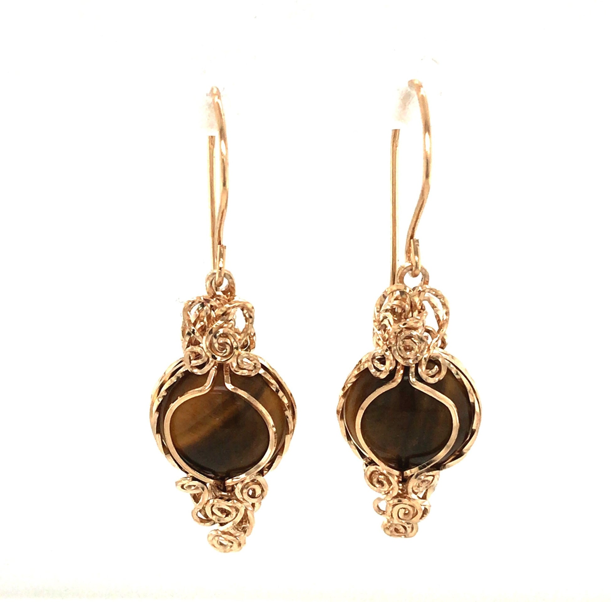 Tiger's Eye and Gold Earrings, Ornate ("Ornate Tiger's Eye Earrings") - Barb Murrin Jewelry