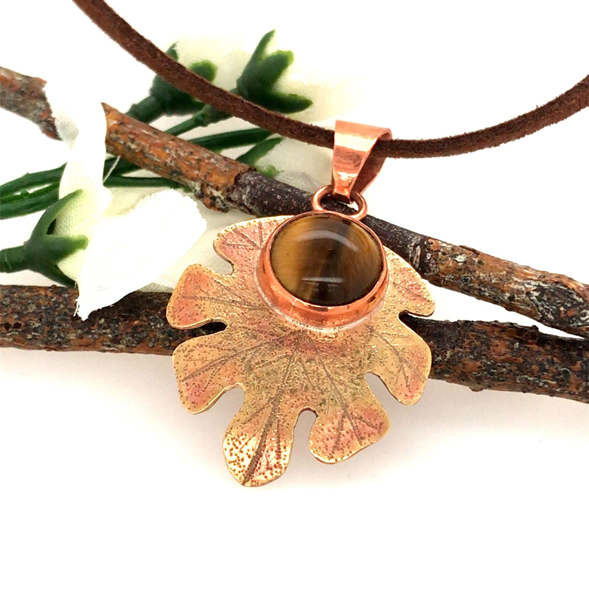 Tiger's Eye Brass and Copper Oak Leaf Pendants ("Tiger's Eye Oak Leaf Pendants") - Barb Murrin Jewelry